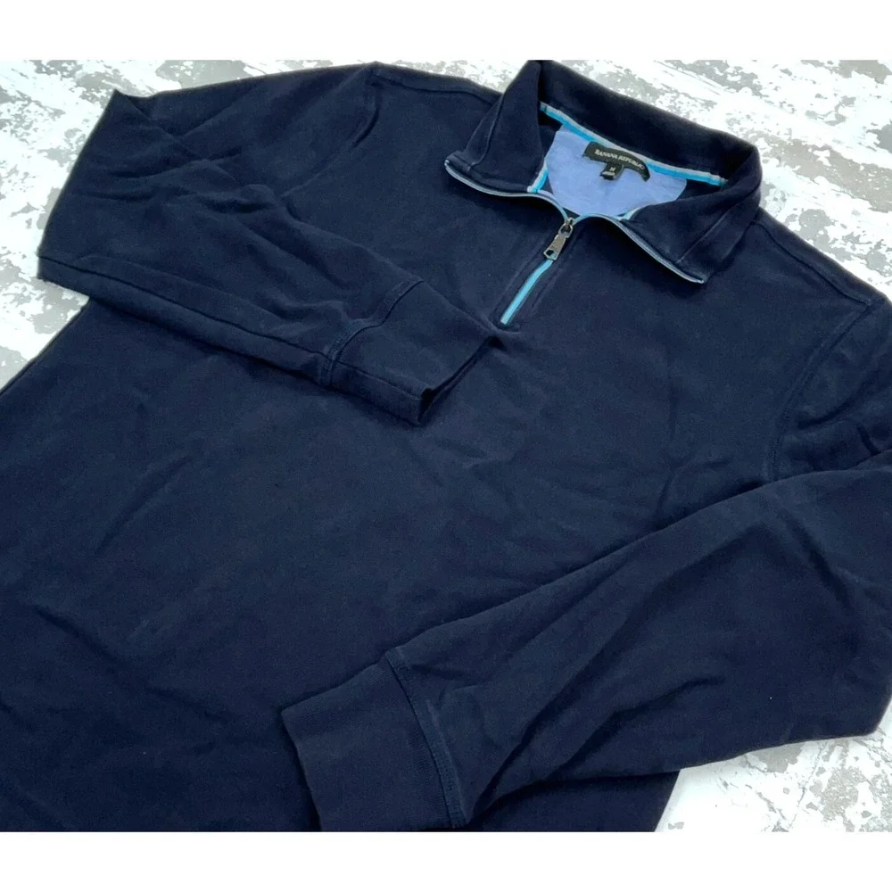 Banana Republic Sweater Men Medium Blue Knit‎ Sweatshirt Quarter Zip Navy Thin *